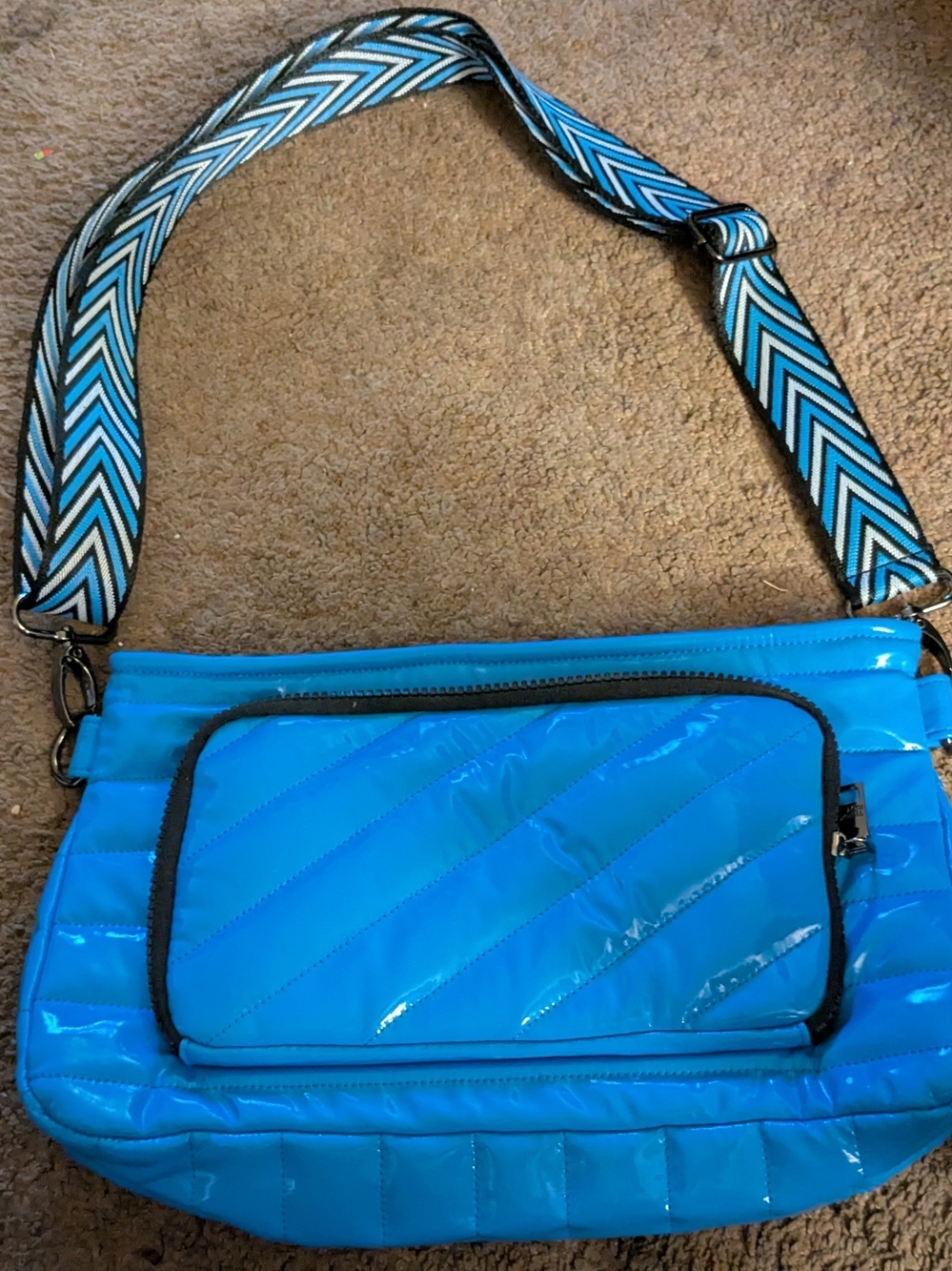 Think Roylon Blue Quilted Crossbody Shoulder Bag with Chevron Strap